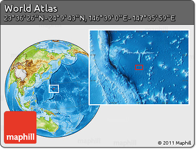 Physical Location Map of the Area around 23° 53' 5" N, 147° 7' 30" E