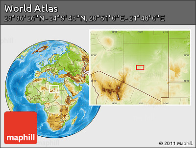 Physical Location Map of the Area around 23° 53' 5" N, 21° 19' 30" E
