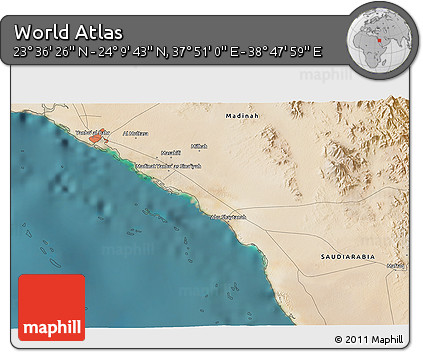 Satellite 3D Map of the Area around 23° 53' 5" N, 38° 19' 30" E