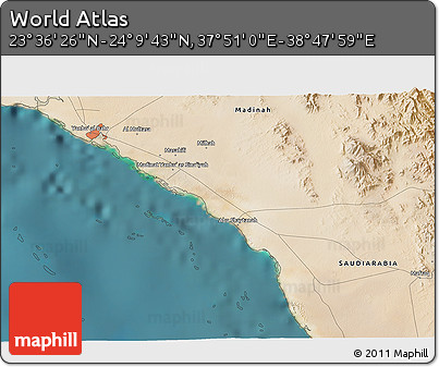 Satellite 3D Map of the Area around 23° 53' 5" N, 38° 19' 30" E
