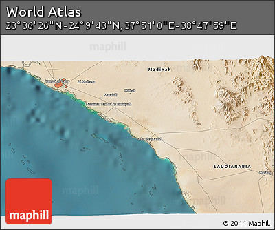 Satellite 3D Map of the Area around 23° 53' 5" N, 38° 19' 30" E