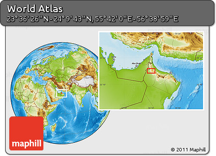 Physical Location Map of the Area around 23° 53' 5" N, 56° 10' 29" E