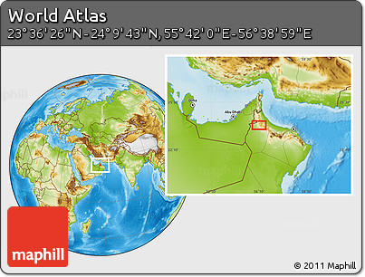 Physical Location Map of the Area around 23° 53' 5" N, 56° 10' 29" E