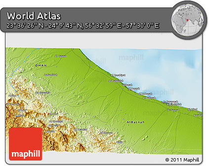 Physical 3D Map of the Area around 23° 53' 5" N, 57° 1' 29" E