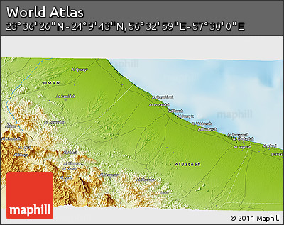 Physical 3D Map of the Area around 23° 53' 5" N, 57° 1' 29" E