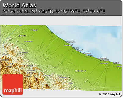 Physical 3D Map of the Area around 23° 53' 5" N, 57° 1' 29" E