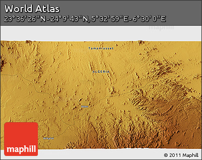 Physical 3D Map of the Area around 23° 53' 5" N, 6° 1' 30" E