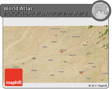 Satellite 3D Map of the Area around 23° 53' 5" N, 72° 19' 29" E