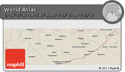 Shaded Relief Panoramic Map of the Area around 23° 53' 5" N, 76° 34' 29" E