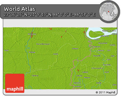 Physical 3D Map of the Area around 23° 53' 5" N, 88° 28' 29" E