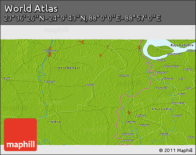 Physical 3D Map of the Area around 23° 53' 5" N, 88° 28' 29" E
