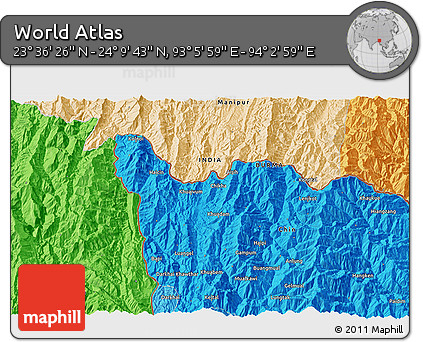 Political 3D Map of the Area around 23° 53' 5" N, 93° 34' 29" E