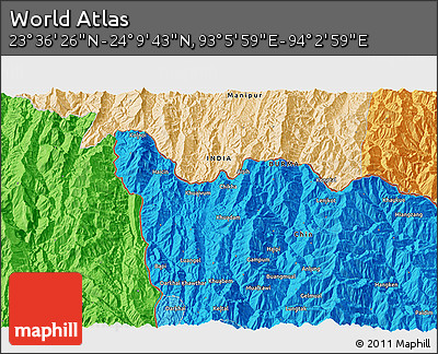 Political 3D Map of the Area around 23° 53' 5" N, 93° 34' 29" E