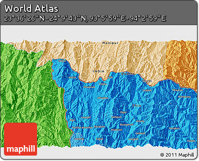 Political 3D Map of the Area around 23° 53' 5" N, 93° 34' 29" E