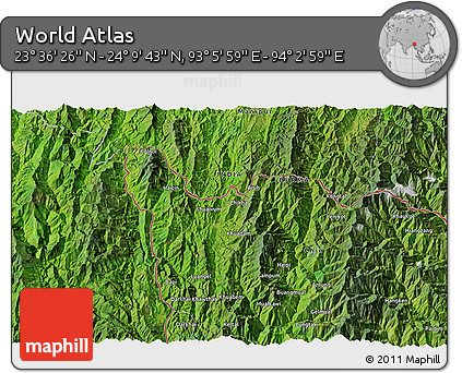 Satellite 3D Map of the Area around 23° 53' 5" N, 93° 34' 29" E