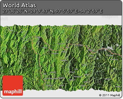 Satellite 3D Map of the Area around 23° 53' 5" N, 93° 34' 29" E