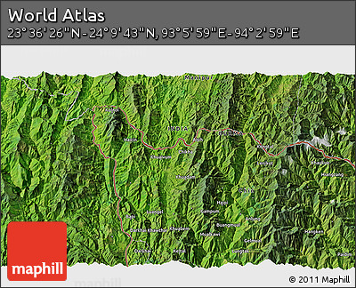 Satellite 3D Map of the Area around 23° 53' 5" N, 93° 34' 29" E