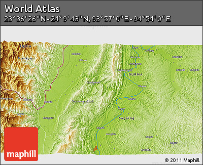 Physical 3D Map of the Area around 23° 53' 5" N, 94° 25' 30" E