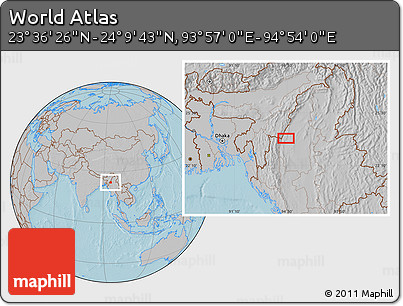 Gray Location Map of the Area around 23° 53' 5" N, 94° 25' 30" E, hill shading