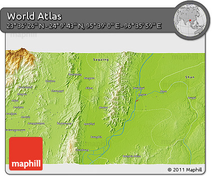Physical 3D Map of the Area around 23° 53' 5" N, 96° 7' 30" E