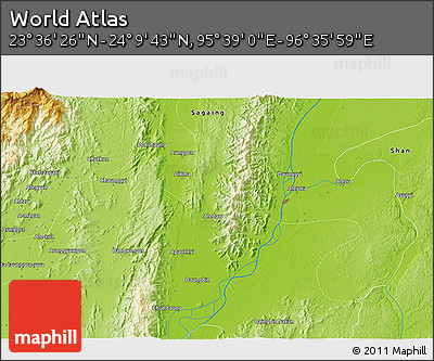 Physical 3D Map of the Area around 23° 53' 5" N, 96° 7' 30" E