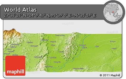 Physical Panoramic Map of the Area around 23° 53' 5" N, 96° 7' 30" E