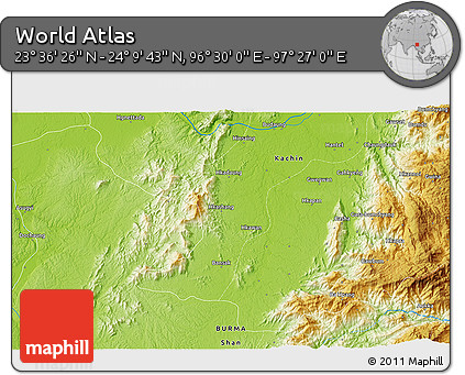Physical 3D Map of the Area around 23° 53' 5" N, 96° 58' 29" E