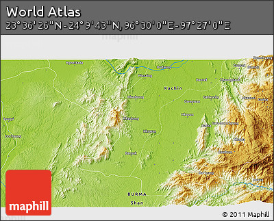 Physical 3D Map of the Area around 23° 53' 5" N, 96° 58' 29" E