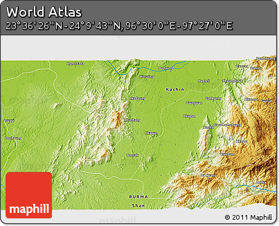 Physical 3D Map of the Area around 23° 53' 5" N, 96° 58' 29" E