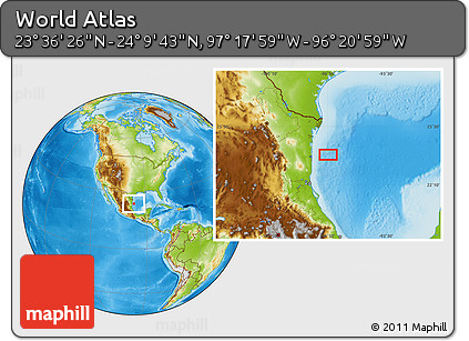 Physical Location Map of the Area around 23° 53' 5" N, 96° 49' 29" W