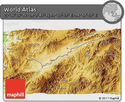 Physical 3D Map of the Area around 23° 53' 5" N, 97° 49' 29" E