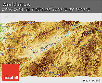 Physical 3D Map of the Area around 23° 53' 5" N, 97° 49' 29" E