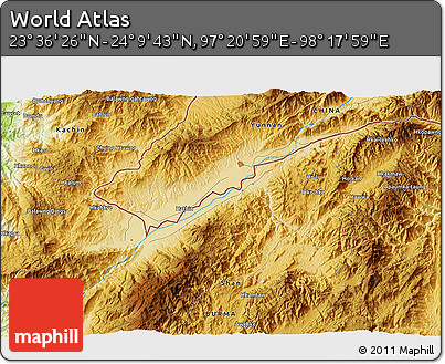 Physical 3D Map of the Area around 23° 53' 5" N, 97° 49' 29" E