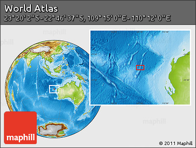 Physical Location Map of the Area around 23° 3' 19" S, 109° 43' 29" E