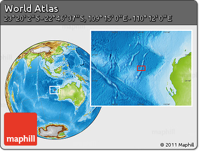 Physical Location Map of the Area around 23° 3' 19" S, 109° 43' 29" E