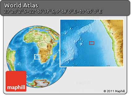 Physical Location Map of the Area around 23° 3' 19" S, 10° 16' 30" E