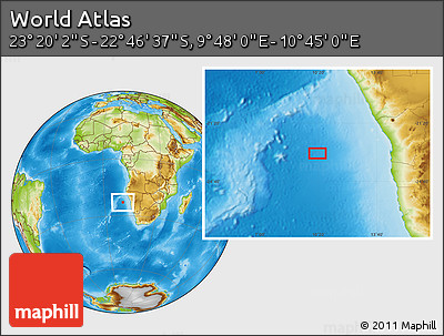Physical Location Map of the Area around 23° 3' 19" S, 10° 16' 30" E