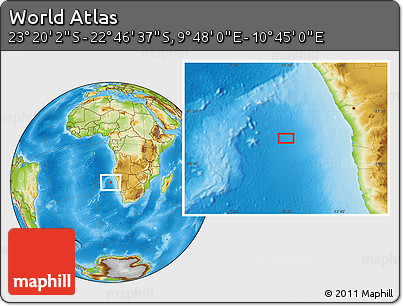Physical Location Map of the Area around 23° 3' 19" S, 10° 16' 30" E