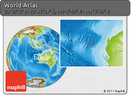 Physical Location Map of the Area around 23° 3' 19" S, 110° 34' 29" E