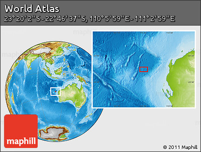 Physical Location Map of the Area around 23° 3' 19" S, 110° 34' 29" E