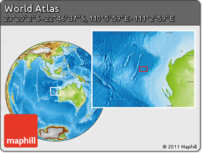 Physical Location Map of the Area around 23° 3' 19" S, 110° 34' 29" E