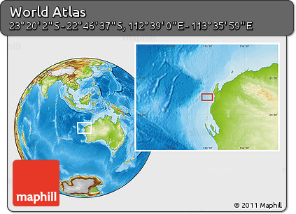 Physical Location Map of the Area around 23° 3' 19" S, 113° 7' 30" E