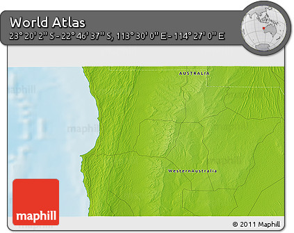 Physical 3D Map of the Area around 23° 3' 19" S, 113° 58' 29" E