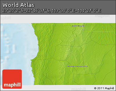 Physical 3D Map of the Area around 23° 3' 19" S, 113° 58' 29" E