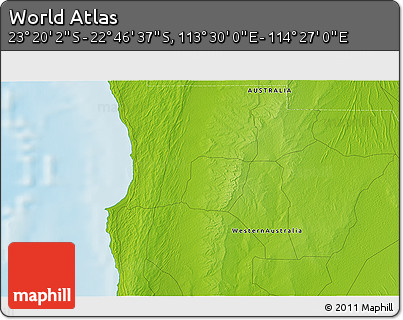 Physical 3D Map of the Area around 23° 3' 19" S, 113° 58' 29" E