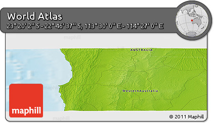 Physical Panoramic Map of the Area around 23° 3' 19" S, 113° 58' 29" E