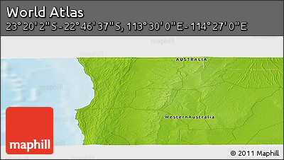 Physical Panoramic Map of the Area around 23° 3' 19" S, 113° 58' 29" E