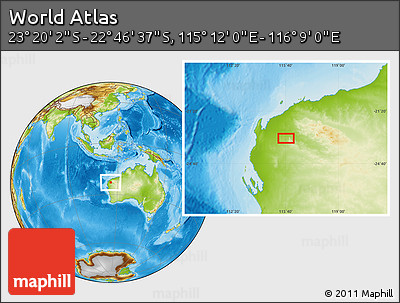 Physical Location Map of the Area around 23° 3' 19" S, 115° 40' 30" E