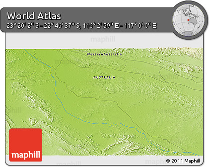 Physical 3D Map of the Area around 23° 3' 19" S, 116° 31' 30" E