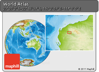 Physical Location Map of the Area around 23° 3' 19" S, 116° 31' 30" E